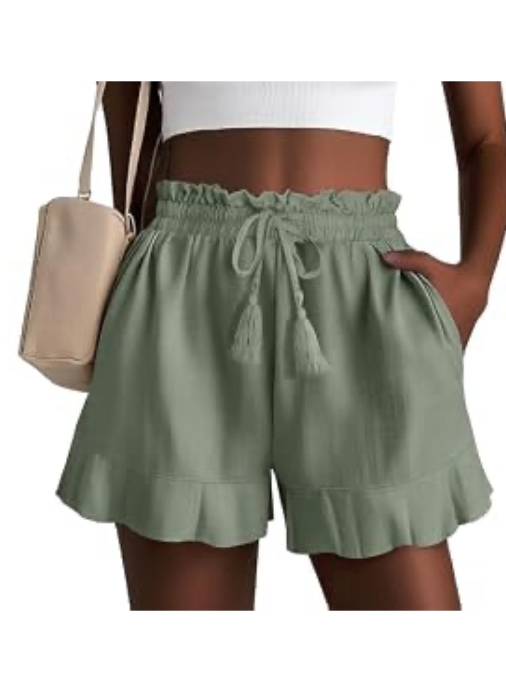 High-Waist Sage Green Ruffle Hem Drawstring Shorts